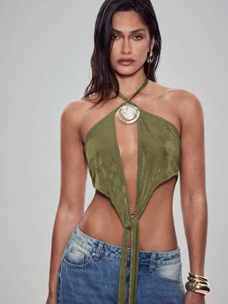 Denimoi Tie Front Cut Out Low Back Halter Top With Stone Necklace - Army Green - View 2