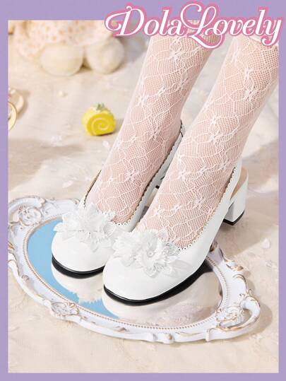 Dola Lovely Women's Lolita Style Floral Round Toe Comfortable Chunky Heel Mary Jane Shoes, White