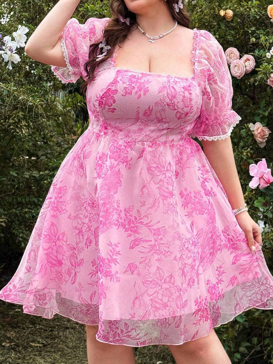 Lyrianda Romantisches A-Linien-Kleid mit Quadratausschnitt und tailliertem Schnitt für Große Größen - Verschiedenfarbig - Übersicht 1