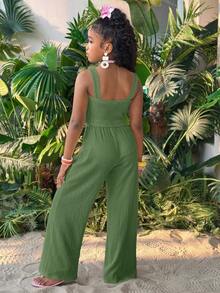 SHEIN Tween Girl 纯色短款吊带背心和阔腿裤两件套 - 橄欖綠 - 查看 2