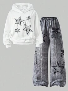 Set de 2 piezas para adolescentes: sudadera con capucha de manga larga y estampado de estrellas oversize, y pantalones anchos de cintura elástica cómodos, adecuado para uso casual