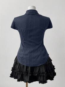 Sweetra 大码金属纽扣装饰短袖休闲女式衬衫 - 藍色 - 查看 2