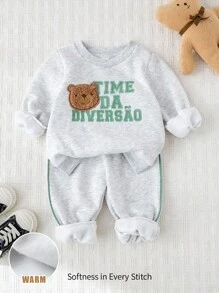 Cozy Pixies 2 件套男婴卡通熊图案针织柔软圆领长袖套头衫和松紧腰裤套装 - 彩色 - 查看 9