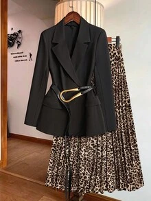 EMERY ROSE Women's Solid Color Belted Jacket, Leopard Print Pleated Skirt Suit Blazer Skirt Set Blazer Set Women Leopard Skirt Suit Fall Clothes For Women Cheetah Print Skirt Cheetah Skirt Outfit Going Out Outfit Chic Women's Set Office Outfits For Women