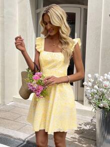 SHEIN LUNE Women's Casual Bow Print Tie Back Mini Dress With Flutter Sleeves - Yellow - View 11