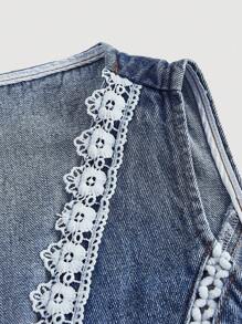 SHEIN MOD 蕾丝拼布系带休闲时尚无袖女式牛仔夹克 - 藍色 - 查看 4