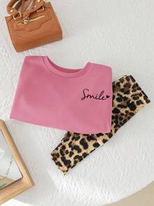 SHEIN Babygirl 秋冬可爱百搭时尚粉色长袖连帽衫和豹纹裤套装 - 彩色 - 查看 5