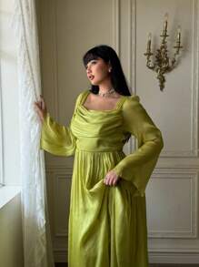 Lyrianda Plus Size Sequin Waist Fitted Long Sleeve Dress With Square Neckline Fall Cloth For Women