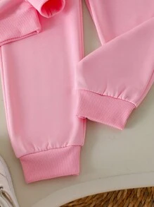 SHEIN Genkimix Kids 2 件套女童休闲套装，插肩袖纯色运动衫和针织裤，粉色 - 粉色 - 查看 4