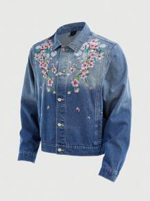 ROMWE Anime Men's Floral Pattern Long Sleeve Single-Breasted Casual Denim Jacket - Blue - View 1