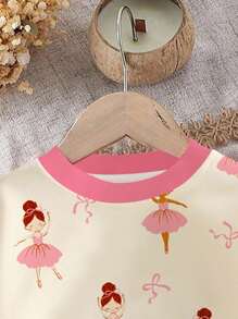 SHEIN 可爱卡通舞女蝴蝶结印花女婴休闲针织柔软厚圆领长袖运动衫和紧身裤套装 - 彩色 - 查看 4