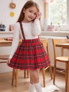 Elladie kids Young Girls' Black & Red Plaid A-Line Pleated Suspender Skirt, Classic Retro Suspender Design Adds Childlike Innocence And Playfulness, Pleated Midi Suspender Skirt, Spring/Autumn Girls Red Plaid Skirt Set Cute School Clothes School Girl Clothes Girls Suspender Skirt Fall Winter - Red - View 8