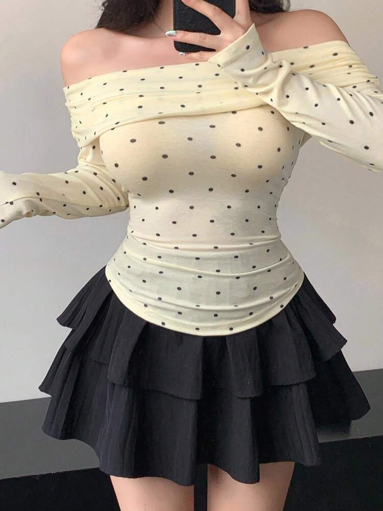 Fitted Sexy Polka Dot & Cream Yellow Base Off Shoulder Long Sleeve T-Shirt For Women, Suitable For Spring, Summer, Autumn,Fall Women Clothes