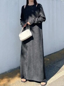 FRIFUL Đầm suông dài tay màu xám đậm trơn cho nữ, Bộ đồ hai mảnh thường ngày, Mùa thu - Màu xám đen - Xem 4