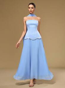 Coutiva Elegant Strapless Women's Evening Gown With Sash Sequin Dress  Lace Dress Blue Dress Back To School Clothes  Luxury Evening Dresses For Women - Blue - View 6