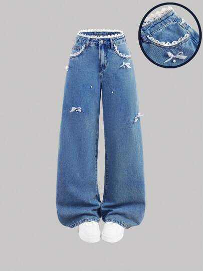 SHEIN Girlism Teen Girl White Lace Trim Beaded Pocket Wide Leg Loose Fit Blue Jeans Fall Winter