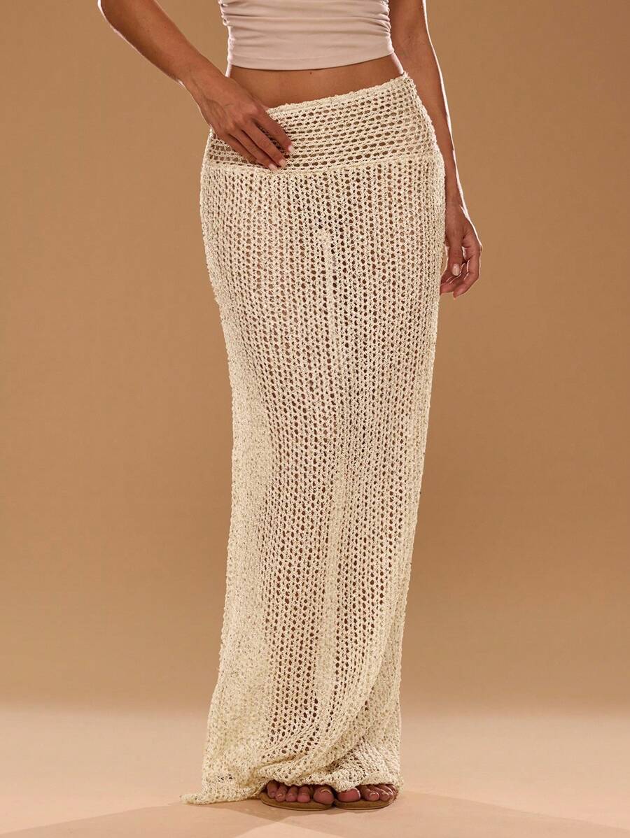 SHEIN BAE Falda de punto de diseño hueco de unicolor y extra larga de moda para mujer - Albaricoque - Ver 1