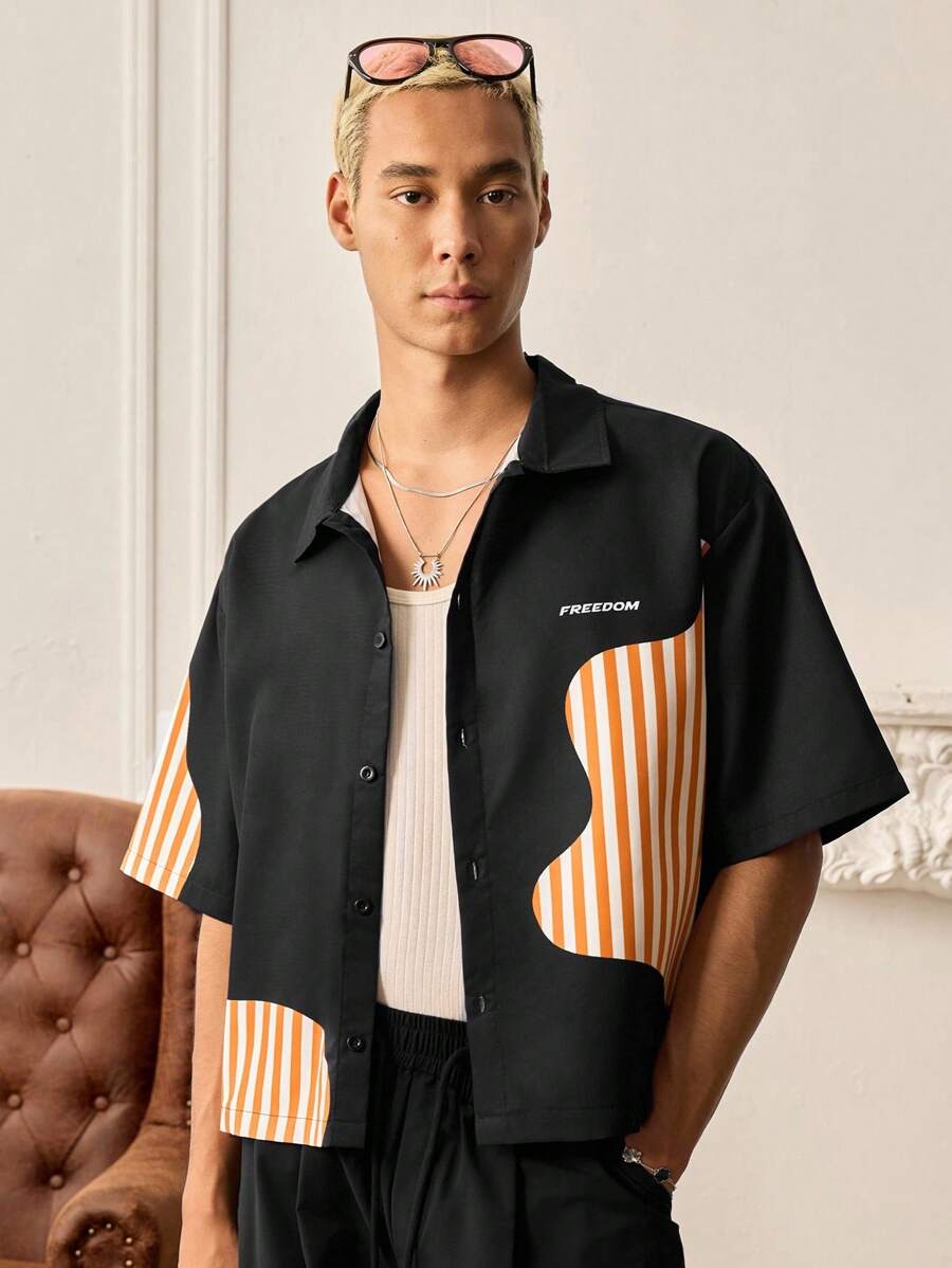 SWAVVY Camisa de manga corta casual con bloques de color y rayas para hombre, de verano