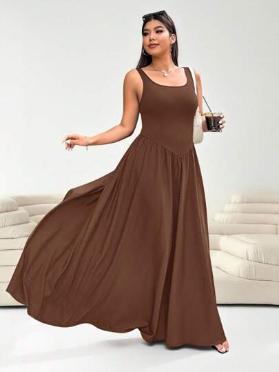 Solflare Plus Size Brown Vacation Sleeveless Dress,Flowy Dress,Sun Dresses For Women