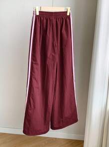 Comfortcana 女士松紧腰休闲宽松条纹运动裤 - 酒紅色 - 查看 2