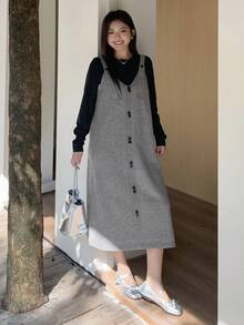 Dazy Plus Plus Size Women Button Decor Suspender Long Sweater Dress, Casual Solid Color, Autumn/Winter