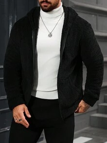 Manfinity CasualCool 男士长袖休闲纯色连帽外套，秋冬季百搭抓绒外套，黑色 - 黑色 - 查看 3