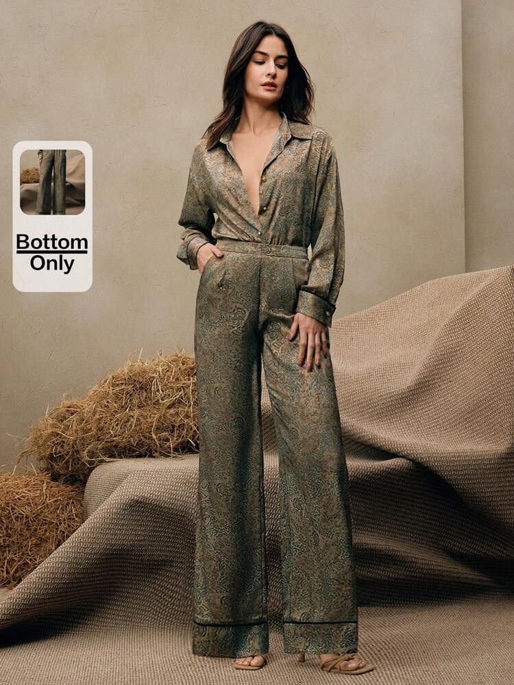 Pantalones casuales anchos de mujer con pliegues, bolsillos y estampado de flores en jacquard