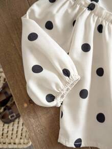 SHEIN 女童可爱波尔卡圆点印花泡泡袖休闲衬衫，适合日常外出、聚会和户外活动 - 米色 - 查看 4