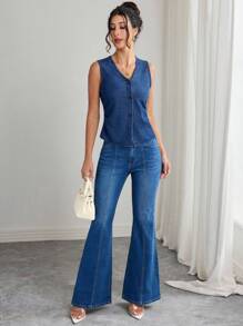 Elenzga 女式V领单排扣休闲牛仔背心 - 深色水洗藍 - 查看 5