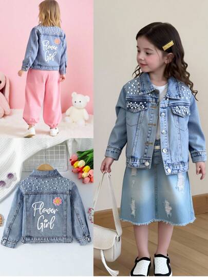 Elladie kids Young Girls' Denim Jacket, Featuring Floral Print Back, Sunflower Embroidery Patch, Bubble Pearl Decor, Casual Loose Fit, Fashionable Street Style, Suitable For Spring And Autumn Fall Winter