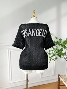 SHEIN EZwear 大码女式数字图案短袖镂空针织上衣 - 黑色 - 查看 2