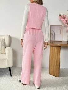 SHEIN LUNE Women's Casual Solid Color Basic Outfit Suit, Blazer Vest And Pants 2 Pieces Set - Pink - View 3