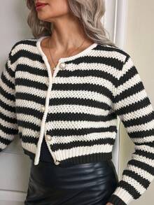 EMERY ROSE Women's Casual Striped Cardigan,Long Sleeve Tops - Black and White - View 5