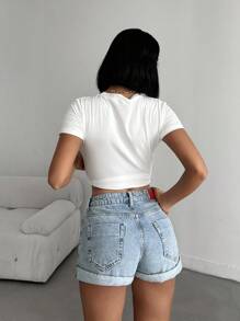 EURMUSE WOMEN LOW WAIST MINI FOLDED UP SHORT Womens Shorts Women S Outfits Woman S Summer Clothes Women S Clothes Women S Bottoms Women Summer Sets - Medium Wash - View 6