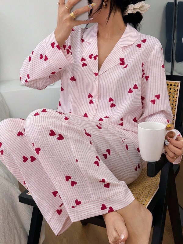 SHEIN ملابس علوية وبنطلون وردي طويل الأكمام مخطط بياقة قلب، بيجاما لعيد الحب، ملابس خريفية للنساء