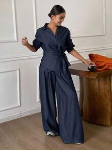 DAZY 女士宽松侧系带长袖衬衫和阔腿裤两件套休闲牛仔套装，度假和都市休闲 - 深色水洗藍 - 查看 6