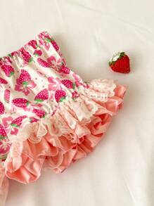 Tween Girls Elastic Waist Bow Decor Strawberry All-Over Print Lace Patchwork Cute Panties Underwear - Pink - View 4