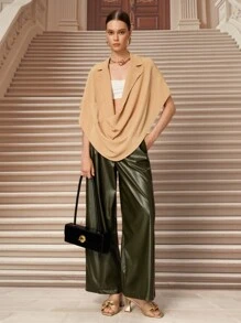 SHEIN Unity Women's Solid Color Lapel Collar Batwing Sleeve Unique Fashion Cape Top - Khaki - View 5