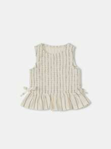 SUMWON 夏季条纹无袖荷叶边背心套装，含松紧腰短裤，休闲装，春季假日海滩装，女童时尚装 - 杏色 - 查看 3