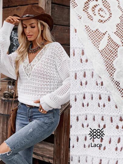 LanaWest Women's Solid Color Lace V-Neck Patchwork Casual Sweater, Lana West Knit Pullover Fall Winter