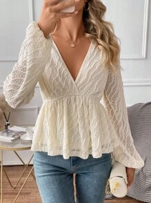 SHEIN Clasi Top Peplum de Cor Sólida Semitransparente com Textura e Decote em V, Estilo Casual de Férias, Primavera/Verão/Outono
