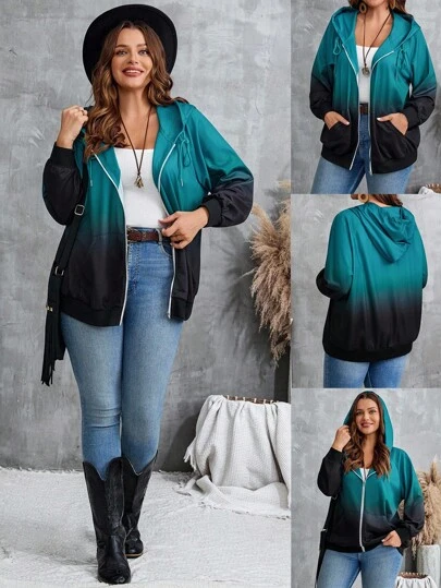 EMERY ROSE 大码女式渐变色插肩袖抽绳连帽休闲夹克