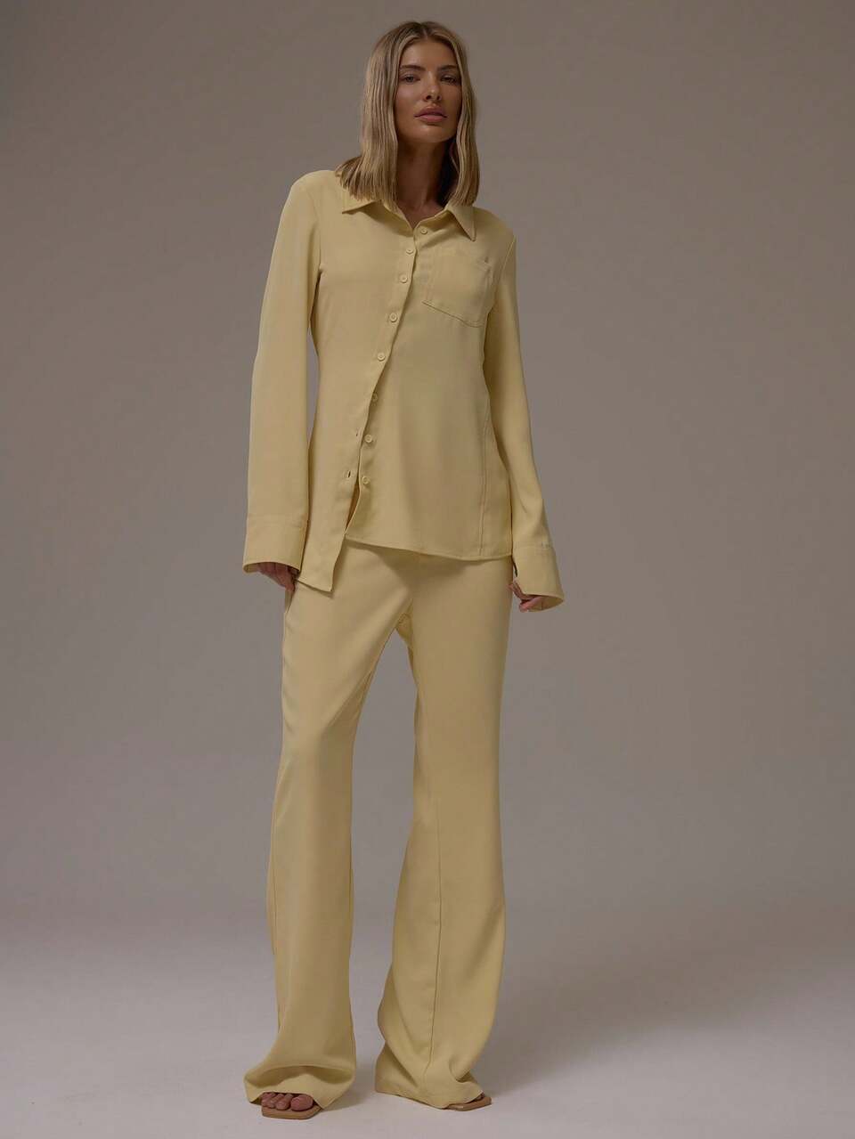 Pale Yellow Minimalist Office Long Sleeve Shirt,Autumn Asymmetric Button Detail Patch Pocket,Elegant Business Casual Teacher Work Brunch Holidays