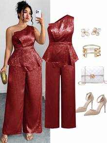 Ellevyn Bộ 2 áo crop top không tay họa tiết lá vàng thanh lịch và quần ống rộng cho nữ cỡ lớn - Đỏ - Xem 1