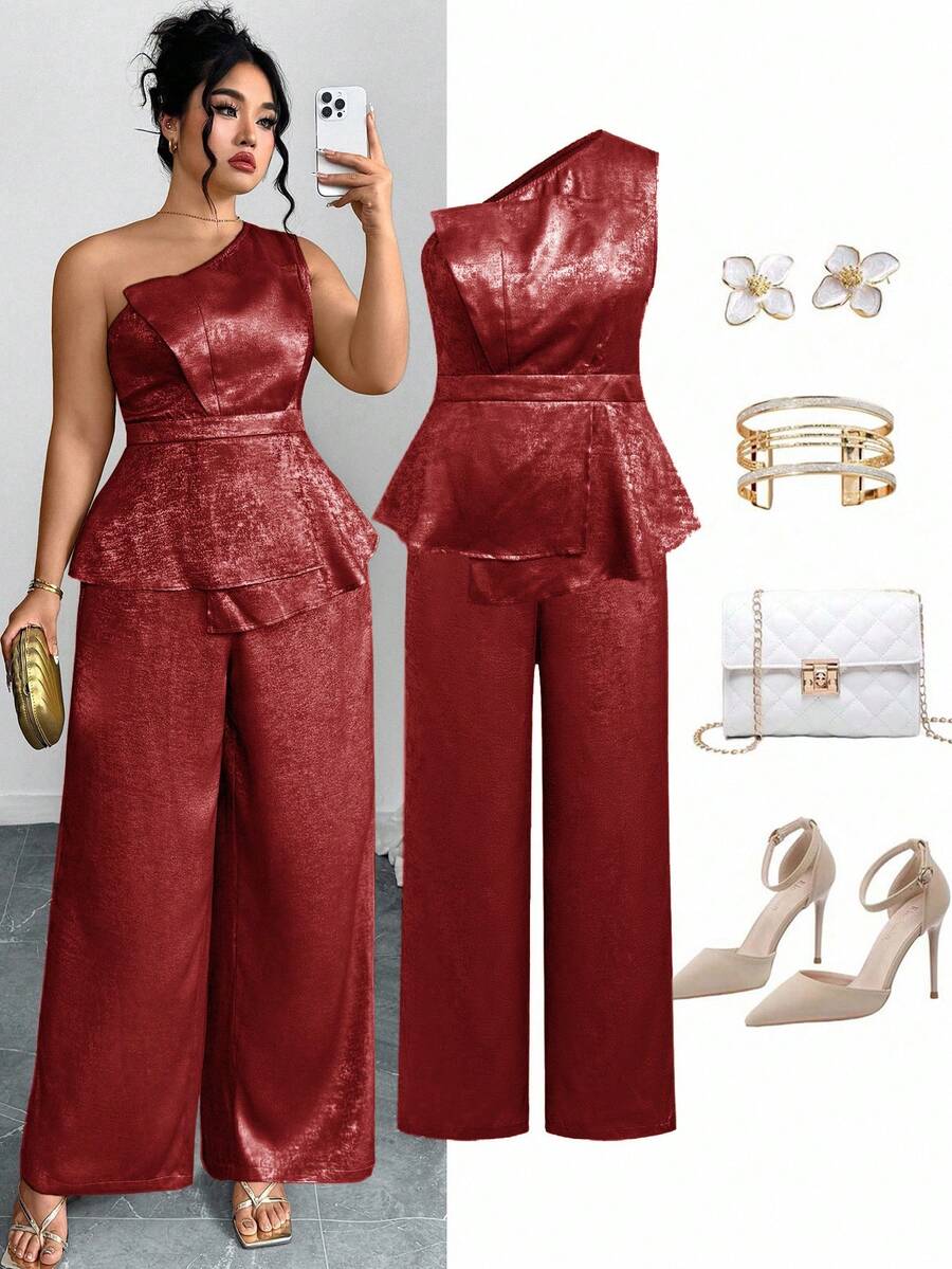 Ellevyn Bộ 2 áo crop top không tay họa tiết lá vàng thanh lịch và quần ống rộng cho nữ cỡ lớn - Đỏ - Xem 1