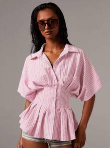 Athîral 女士休闲通勤简约条纹腰衬衫 - 粉色 - 查看 4