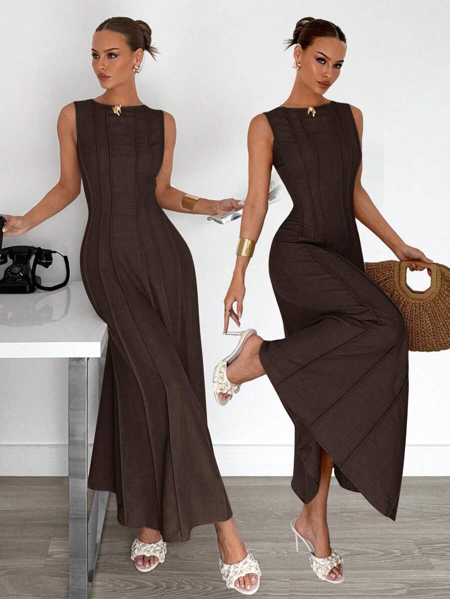 Siren Gaze 夏季新款褶皱无袖A字连衣裙 - 棕色 - 查看 1