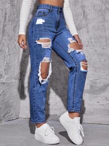 EURMUSE Women's High Waist Pockets Distressed Casual Versatile Denim Jeans - Dark Wash - View 4