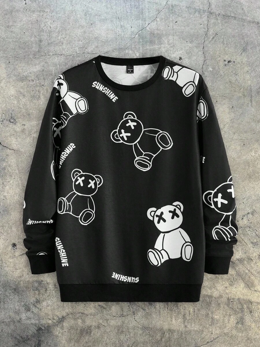 AXEPEAK Men Casual Bear & Letter Graphic Sweatshirt, For Fall, Long Sleeve Top - Black - View 1