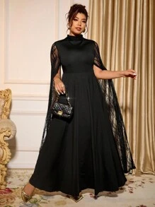 Cravure 永不过时：哥特式预科风，融入星期三的韵味。拥抱你内心的阴影，展现暗黑女性时尚。大码女式奢华派对宴会，优雅别致的设计，高端感修身披肩，超长袖蕾丝开衩，黑色高领长裙 - 黑色 - 查看 3